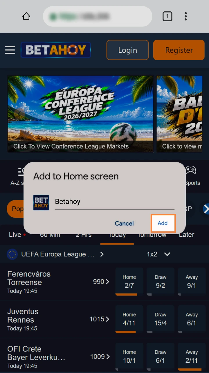 Confirm adding Betahoy to your home screen and start winning big on your phone.