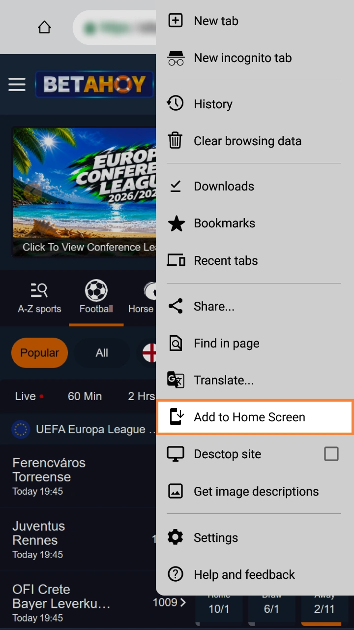 Select add to home screen to launch Betahoy casino instantly from your mobile device.