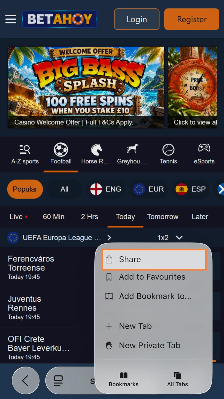Open the Safari share menu to easily set up Betahoy on your iPhone today.