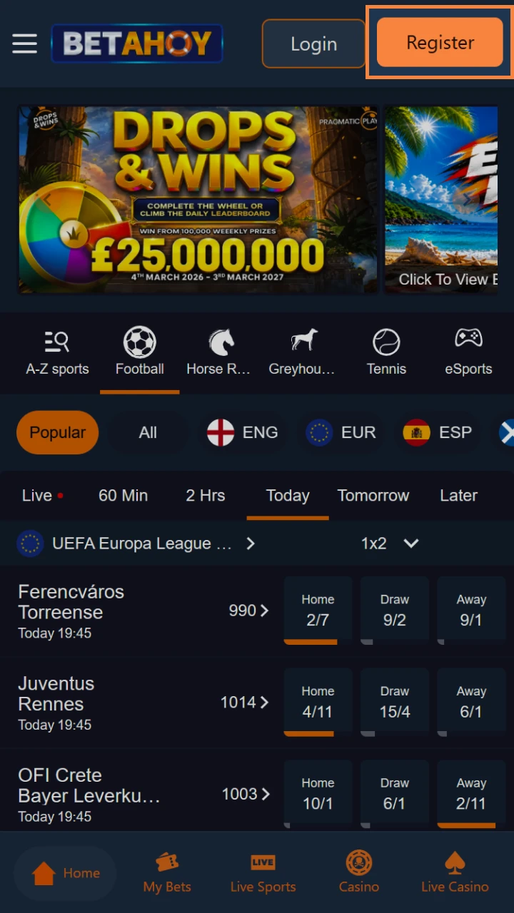 Click the register button on Betahoy to start enjoying top sports betting options.