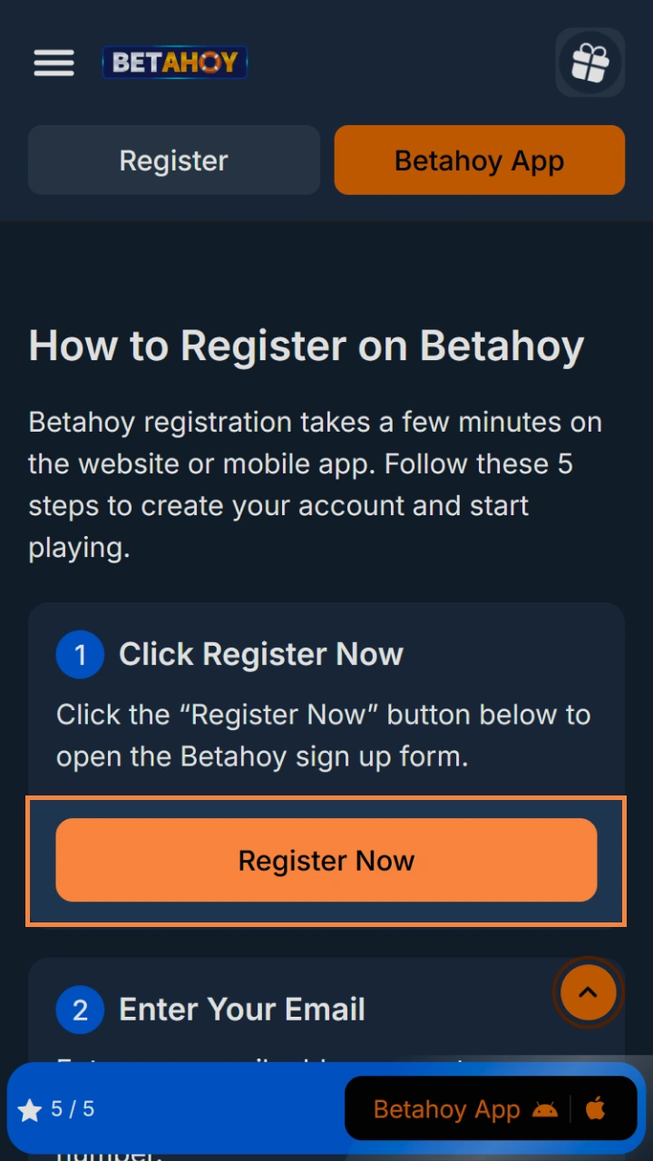 Click register now on Betahoy to unlock quick access to premier online gaming thrills.